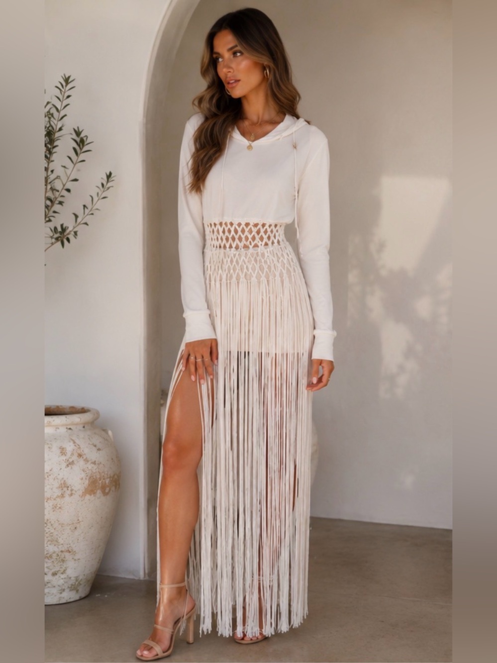 AKIRA White Macrame Fringe Hooded Maxi Dress Bohemian Resort Small